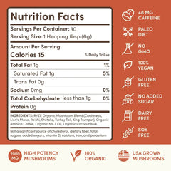 RYZE Mushroom Chocolate nutrition facts: 40 cal, Non GMO, Low Sugar, Gluten/Dairy/Soy Free, Vegan, 300mg mushrooms